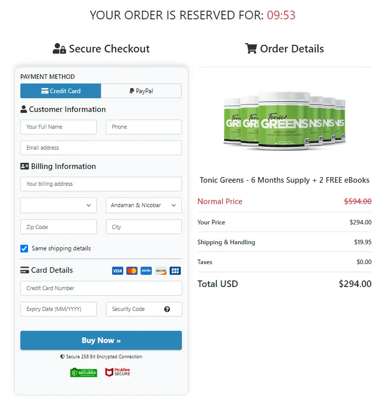 Tonic Greens payment method